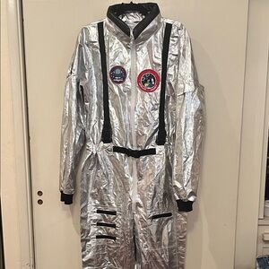 Silver Unisex Space Shuttle Suit - Metallic Jumpsuit with Patches Size Medium